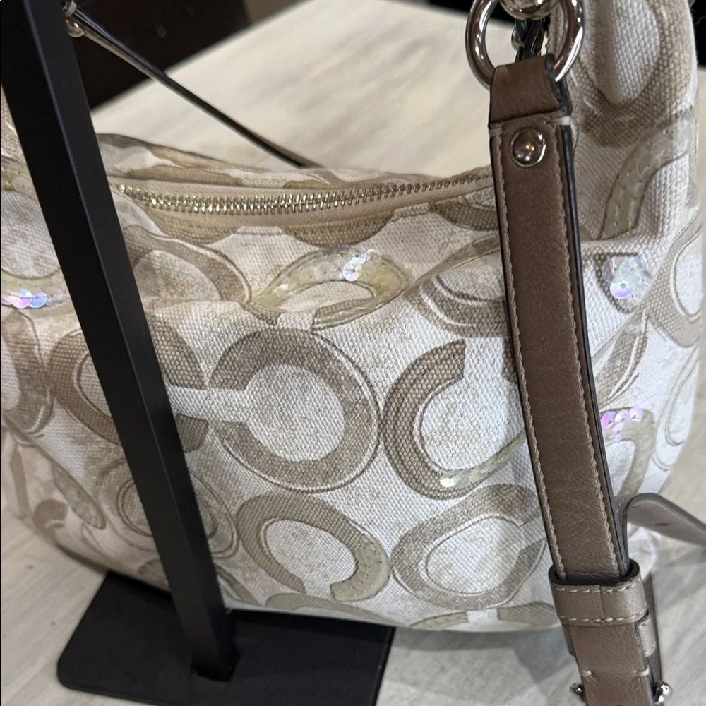 Coach Kristin Cream and Tan Signature Sequin Hobo Bag-EUC